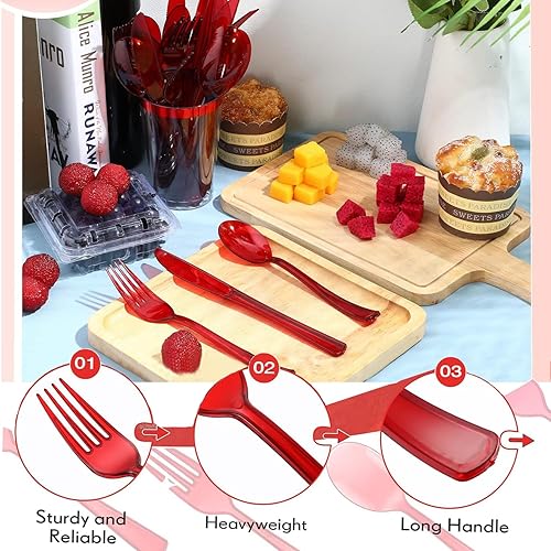 90couvert reutilisable,Vaisselle translucide Convient pour Réunion de Famille,Camping Sauvage(30 morceaux de couteau/fourche/cuillère)(rouge) - Nail Gallerys