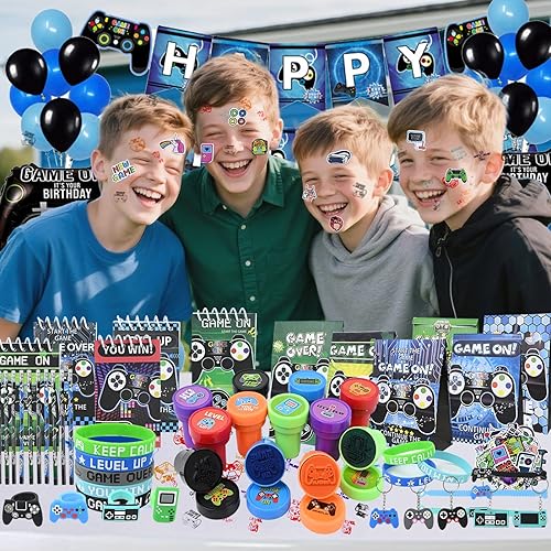 PATEMZON Jeu Vidéo Fournitures de Fête, 128 PCS Pinata Anniversaire Garcon avec Jeux Porte Clés, Bracelet, Crayon, Tampon, Sac de Cadeau, Carnet, Autocollant, Cadeaux Anniversaire Invités Enfant - Nail Gallerys
