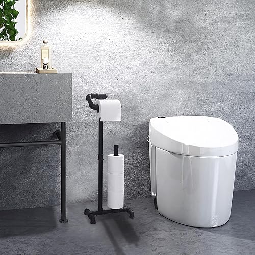 HouseAid Support de Papier Toilette Industriel sur Pied pour Salle de Bain, Support Rustique en Fer avec réserve, Style Vintage, Noir Mat - Nail Gallerys