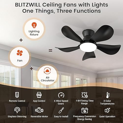 BLITZWILL Ventilateur de Plafond avec Lumière, Ø66cm Ventilateurs de Plafond avec Éclairage LED, Contrôle App&Télécommande, 6 Vitesses, 3 Couleurs Dimmables, 5 Pales, Silencieux, Été-Hiver, Minuterie - Nail Gallerys