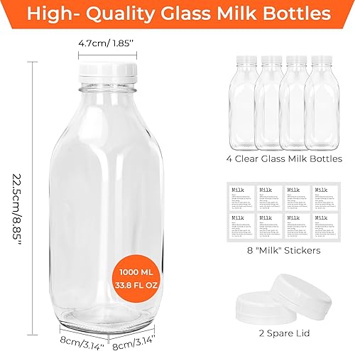 DHSBTLS Lot de 6 bouteilles de lait en verre avec couvercle, 1 l, réutilisables pour réfrigérateur pour stocker du lait frais, pot à jus hermétique et transparent pour jus, miel, sirop, 3 couvercles - Nail Gallerys