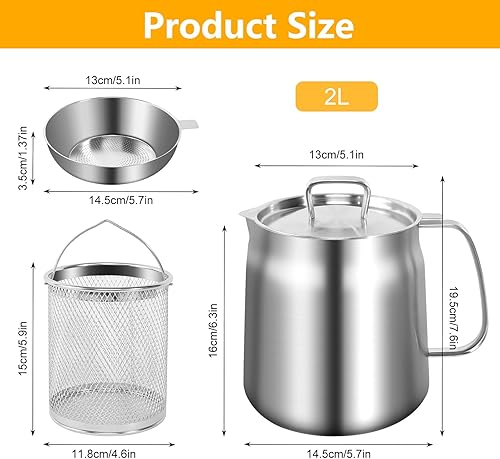Récipient à graisse en acier inoxydable de 2 l - Réservoir à graisse avec filtre à mailles fines - Récipient à graisse en acier avec tamis à maille fine pour le stockage de l'huile de friture et de la - Nail Gallerys