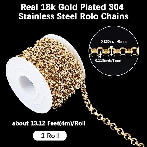 Beebeecraft Rouleau de Chaîne de Câble Plaquée Or 13.12 carats de 18 Pied 304 en Acier Inoxydable Non Soudé avec Bobine pour la Fabrication de Bijoux Collier Bricolage - Nail Gallerys