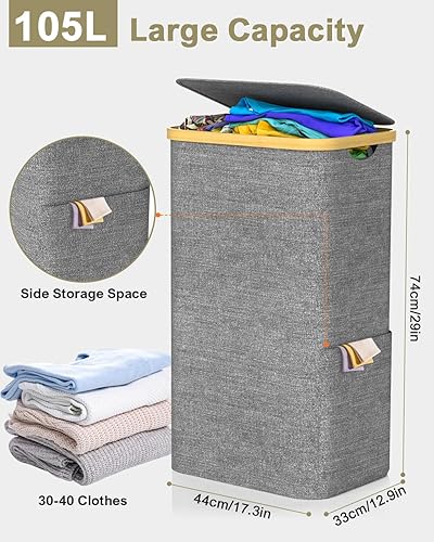 GLOWPOINT 105L Panier à linge avec couvercle, grand paniere a linge sale avec sac intérieur amovible, Oxford résistant à l'eau, bac à linge pour la chambre, la salle de bain, la buanderie, Gris - Nail Gallerys