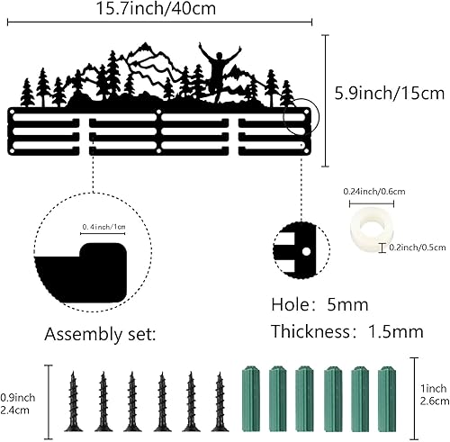 CREATCABIN Porte-Médailles Course Pied,Présentoir Médailles Sport,Arbres Montagne,Support Mural en Métal Noir Suspendre,Décoration Rubans Course,Organisateur pour Coureurs,Athlètes Marathon,40x15cm - Nail Gallerys