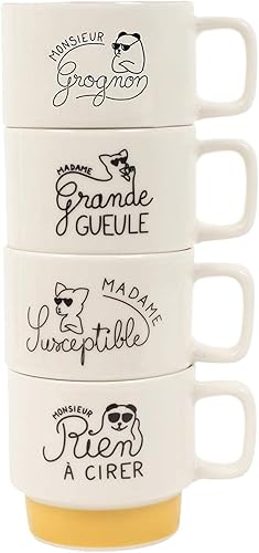 Le Fabuleux Shaman 39-2X-007 Tasses à café empilables Monsieur Madame Grognon Susceptible Rien à cirer Grande gueule Set de 4 assorties Blanc et multicolore Céramique D10,5 x H22,5 cm - Nail Gallerys