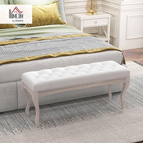 HOMCOM Banc 110 cm, Banquette capitonnée Style Classique, Bout de lit rembourrée en Effet Lin piètement Bois d'hévéa sculpté, crème - Nail Gallerys