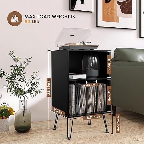Iyrany Support de Tourne-Disque Avec Rangement de Vinyles, Armoire Avec Pieds en Métal, Table Pouvant Contenir Jusqu'à 150 Albums pour Salon, Chambre - Nail Gallerys