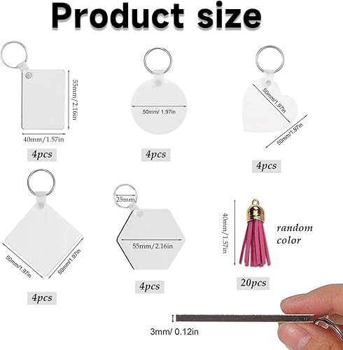 TAFACE Lot de 80 porte-clés vides avec 20 pendentifs en MDF, anneaux, clips et glands, porte-clés vides par sublimation pour bricolage, MDF - Nail Gallerys