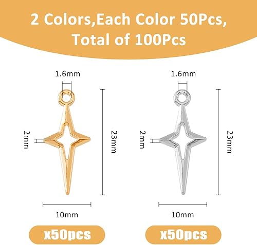 SUPERFINDINGS 100Pcs 2Couleurs Breloques Étoile Tibétaines en Argent Antique Or Breloques Étoile à Pointe Creuse en Vrac Pendentifs Étoile du Nord Breloques pour la Fabrication de Bijoux DIY - Nail Gallerys