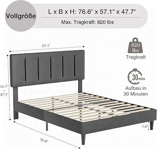 VECELO Lit Double rembourré, 140 x 200 cm, avec tête de lit réglable en Hauteur, sommier à Lattes avec revêtement en Velours, Montage Facile, Gris - Nail Gallerys