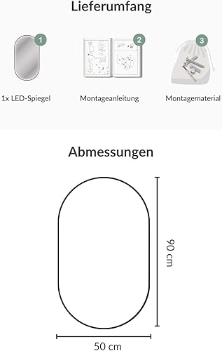Planetmöbel GLORA Miroir de salle de bain avec éclairage 50 x 90 cm - Miroir avec cadre - 3 niveaux de lumière (3 000 - 6 000 K) - Avec interrupteur tactile - Grand miroir mural décoratif - Pour salle - Nail Gallerys