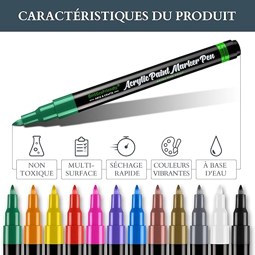 MHSEcoFriendly Lot de 12 stylos de peinture acrylique à pointe fine de 0,7 mm | Non toxiques et imperméables | Stylos pour peinture sur roche, pierre, galets, verre, céramique, bois et tissu | - Nail Gallerys