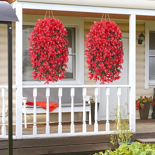UXORSN 2 Pièces Fleurs Artificielles Suspendues Extérieures Plantes Artificielles Exterieur Bougainvillier Fleurs Artificiel Résistantes aux UV pour Extérieure Jardin Patio Balcon Décor (Rose Rouge) - Nail Gallerys