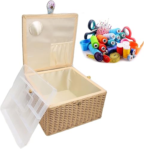 Boîte à Couture en Tissu à Fil D'aiguille en Bois, Paniers à Coudre à imprimé Floral avec Plateau Amovible, Boîte à Pique-nique, Boîte de Rangement pour Fournitures de Couture - Nail Gallerys
