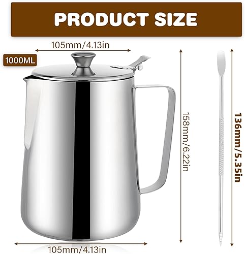 Pot à lait de 1000 ml en acier inoxydable avec couvercle, pot à mousse de lait avec échelle de mesure et stylo à latte Art Pen, mousseur à lait pour cappuccino, expresso et barista - Nail Gallerys
