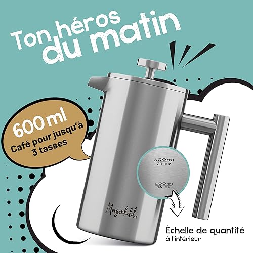 Morgenheld Premium French Press en acier inoxydable – Cafetière à Piston 3 tasses 600 ml – Presse à café avec filtres de rechange compatible avec induction – Cafetière isolante à double paroi - Nail Gallerys