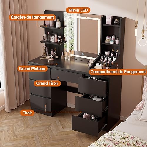 Airfish Coiffeuse avec Miroir LED et Tabouret, Luminosité Réglable, Grand Espace de Rangement, Table de Maquillage avec 4 Étagères, 3 Compartiments et 7 Tiroirs, Style Moderne (Blanc+Blanc) - Nail Gallerys