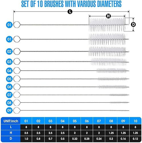 Tube Brosse de Nettoyage, Lot de 20 brosses de Nettoyage, Tuyau Brosses de Nettoyage, pour Paille, Bouteille, Tuyau à Lait, en Nylon, Tubes à essai, Théière, Noir, transparent - Nail Gallerys