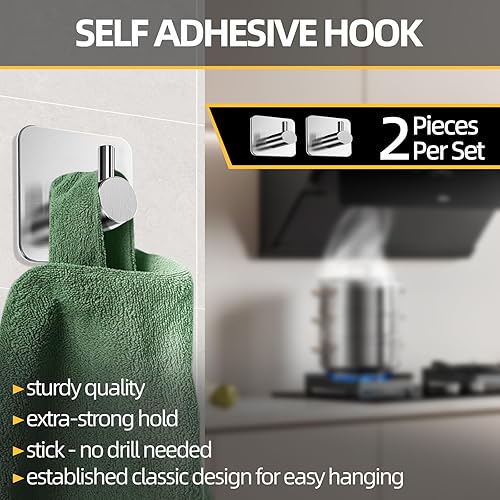 HoneyHolly Crochet Adhesif Mural, 2 Pièces Porte Serviette Salle de Bain, Acier Inoxydable Renforcé, Accroche Torchon Cuisine, Sans Perçage, Patere pour Toilette, Bureau - Nail Gallerys