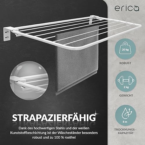 Erica Sechoir Mural BEDA 100x50cm, Etendoir à Linge Mural dépliable à Capacité de Charge 20kg Séche Linge depliable, Revêtement Plastique sans PVC, 100% Inoxydable, Blanc - Nail Gallerys