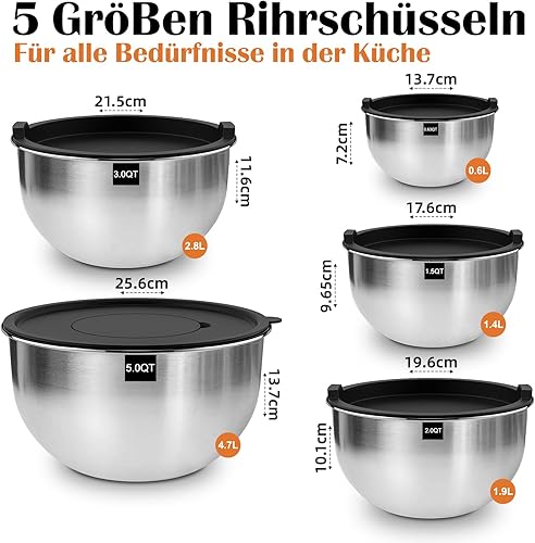 Terlulu Lot de 5 saladiers en acier inoxydable avec couvercle, 4,7 l/2,8 l/1,9 l/1,4 l/0,6 l, pour cuisine/pâtisserie/rangement, empilables et passent au lave-vaisselle, avec râpe - Nail Gallerys