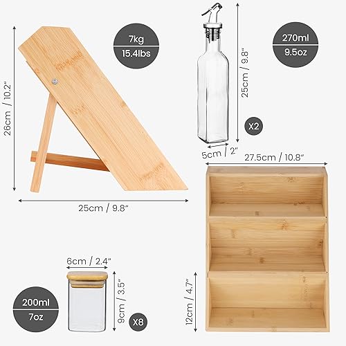 Belle Vous Porte-épices à 3 Niveaux avec 8 Pots à Épices en Verre et 2 Bouteilles Distributrices d’Huile - Etagere de Rangement de Pot a Epices en Bois pour les Condiments de Cuisine - Nail Gallerys