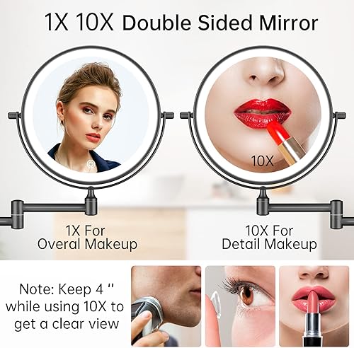 FUNTOUCH Rechargeable Miroir Cosmétique LED Grossissant 1X/10X, Miroir de Rasage à intensité Variable 3 Couleurs, Miroir pour écran Tactile, Rotatif à 360°, Miroir Mural pour Salle de Bain et hôtel - Nail Gallerys
