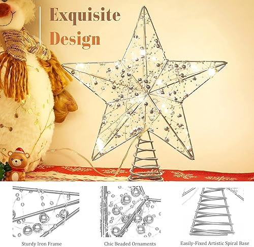 Etoile Sapin de Noel, 25 cm Etoile Sapin de Noel Lumineuse, Métal Design Gletterez 20 LED Lights Cime d'arbre de Noël for Festive Christmas Home Décoration (Or pailleté) - Nail Gallerys