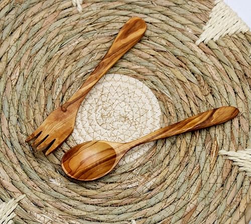 DAGDEG Lot de 3 couverts en bois d'olivier - 20 cm - Couverts de table méditerranéens en bois d'olivier - Couverts de table - Cuillère, fourchette, couteau, fait main - Nail Gallerys