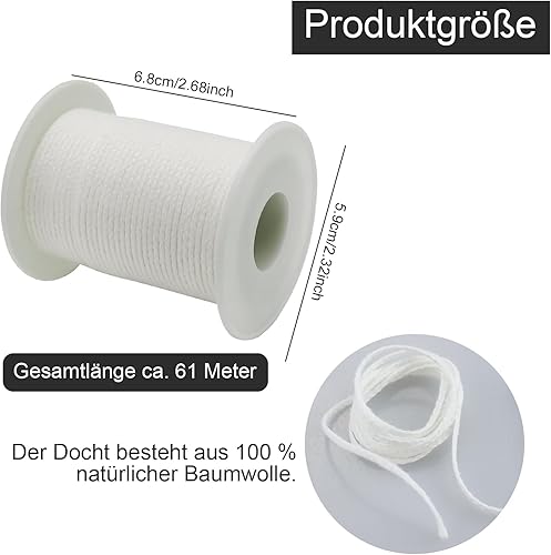 Rouleau de 61 m de mèche de bougie - Mèche ronde tressée en coton pour bougies - Sans fumée - Pour la fabrication de bougies parfumées DIY - Nail Gallerys