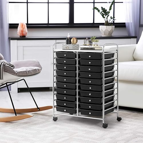 RELAX4LIFE Chariot de Rangement avec 15 Multi-tiroirs en PP et Cadre en Métal, Rayonnage de Rangement à roulettes avec 2 Freins pour Bureau, Salon, Chambre (10 étagères avec 15 tiroirs, Clair) - Nail Gallerys