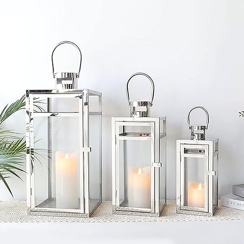 TRIROCKS Set de 3 Lanternes Métalliques en Acier Inoxydable Décoratives 48/38/30 cm Haut, Porte-Bougie Suspendu avec Verre Clair pour Décor Maison, Salon, Intérieur/Extérieur (Argent) - Nail Gallerys