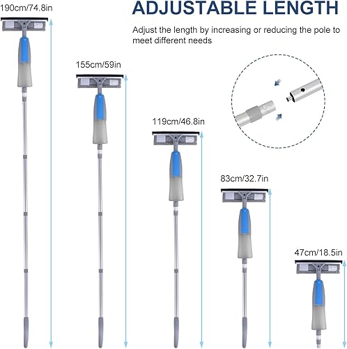 Nettoyeur de Raclette Vite 3 en 1 avec Manche Démontable, 190cm Outil de Nettoyage de Fenêtre avec 3 Chiffons Microfibres et Pulvérisateur Lave pour Fenêtre Baie Vitrée Pare-Brise - Nail Gallerys