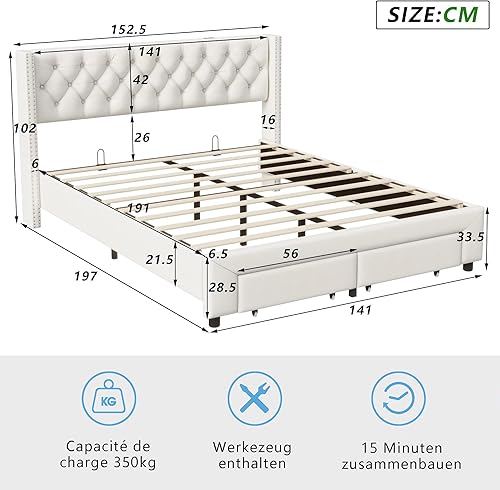 Lit coffre 140x190 cm, lit double rembourré avec éclairage LED, cadre de lit double avec 2 tiroirs et espace de rangement, avec sommier à lattes adapté pour 2 personnes, velours beige (140x190cm) - Nail Gallerys