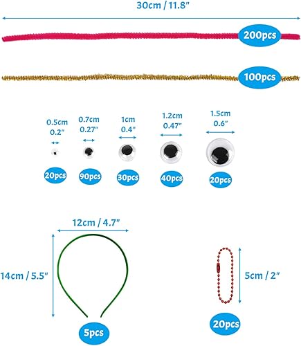 SNAIL GARDEN Lot de 525 cure-pipes, 300 cure-pipes avec 200 yeux mobiles et 5 bandeaux et 20 chaînes à boules, tiges chenille pailletées multicolores pour loisirs créatifs pour enfants - Nail Gallerys
