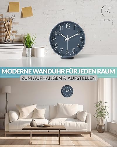 LATENO - Horloge murale à poser ou à suspendre - Noire - 20 cm - Silencieuse - Classique et moderne - Sans bruit de tic-tac - Pour salon - Nail Gallerys