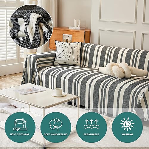 VanderHOME Multifonction Jeté de Canapé Grande Taille, Housse Canapé 2 3 Places Réversible Couvre Canapé Jete de Canape Polyvalente avec Décoratifs Glands 180 * 340cm-Kaki - Nail Gallerys