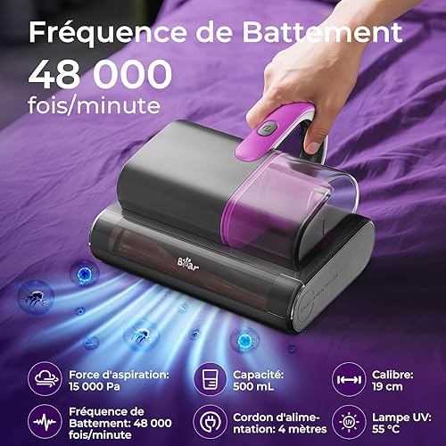 Bear Aspirateur anti-acariens pour matelas, aspiration 15 kpa, 35000 tr/min, avec lumière UV-C, lutte contre les punaises de lit, élimine 99,9 % des bactéries, allergènes, câble de 4 m - Nail Gallerys