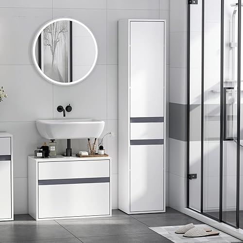 HOMCOM Meuble Colonne Rangement Salle de Bain Style Contemporain 2 placards 3 étagères et tiroir Coulissant Panneaux Particules Blanc - Nail Gallerys