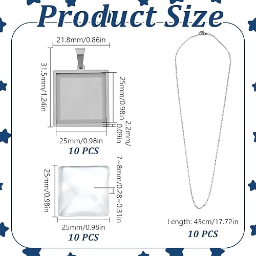 DELORIGIN Lot de 10 plateaux à pendentifs carrés de 2,5 cm, y compris 10 plateaux en acier inoxydable, 10 cabochons en verre transparent, 10 chaînes épaisses, kit de plateaux vierges pour la - Nail Gallerys