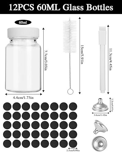 Hixava 12 Pièces 60ML Petites Bouteilles Petite Bouteille en Verre Vide Bouteilles Miniatures Bouteilles de Jus en Plastique avec Entonnoir Étiquettes Bouchon Brosse pour Jus Ginger Shot - Nail Gallerys