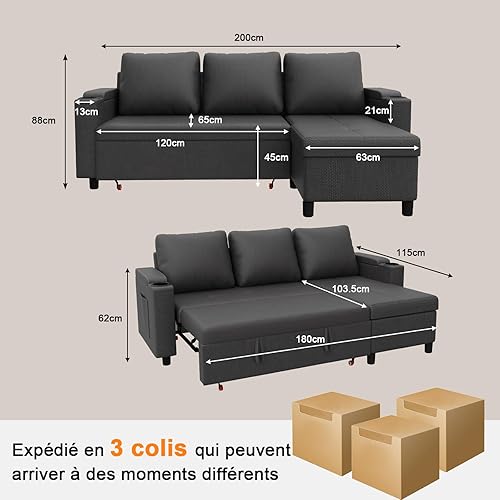 Devoko Canapé d'angle Convertible Modulaire 3 Places en L - Canapé-Lit avec Chaise Longue, Rangement Intégré et Porte-Gobelets - Design Moderne pour Salon, Anthracite (Gris) - Nail Gallerys