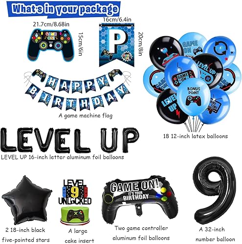 Kit de décoration d'anniversaire pour garçon avec ballon de jeu vidéo, en forme du chiffre 9, avec ballon en aluminium XXL, bannière et décoration de gâteau (noir 9) - Nail Gallerys