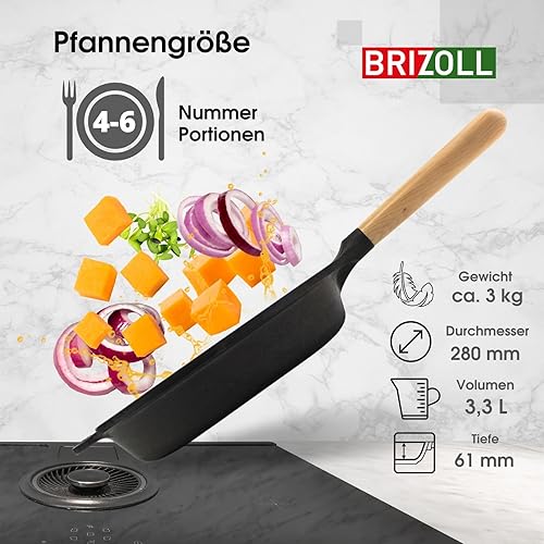 4BIG.fun Poêle à frire BRIZOLL - Diamètre : 28 cm - Profondeur : 61 mm - En fonte - Ronde - Avec poignée en bois - Compatible avec tous les types de plaques de cuisson - Nail Gallerys