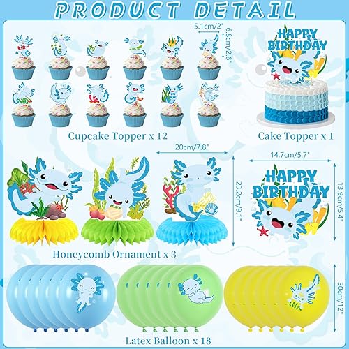 Obussgar Axolotl Décoration de fête d'anniversaire Bleu – Accessoires de fête Axolotl y compris bannière Happy Birthday, spirales, décorations de gâteau, centres de table, ballons (LQ) - Nail Gallerys