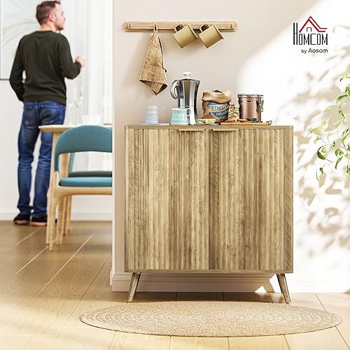 HOMCOM Buffet Salon Meuble de Rangement cannelé Style Moderne avec Placard à 2 Portes et étagère réglable - Buffet Salle à Manger et Salon, 77 x 40 x 81 cm, chêne - Nail Gallerys