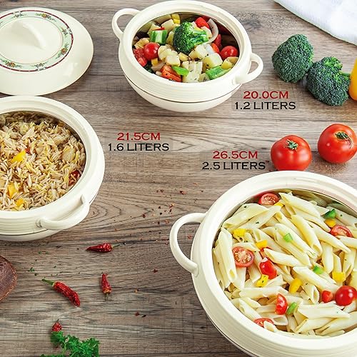 SQ Professional Lot de 3 cocottes isothermes avec couvercles - 1,2, 1,6 et 2,5 litres - Crème - Nail Gallerys