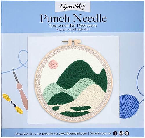 Figured'Art Punch Needle Kit Complet pour Adultes et Enfants - Dégradé de Montagnes - Parfait pour Débutant. Set prêt à broder taille 20x20cm avec cadre circulaire - Nail Gallerys