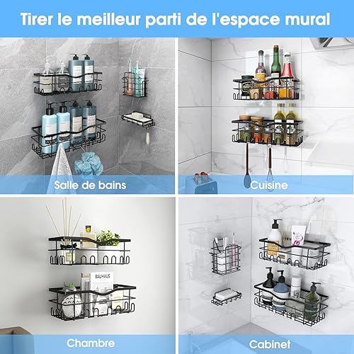 Etagere Douche Sans Percage, 4 PCS Etagere Salle de Bain Rangement et Organisation Douche, Support Savon Douche Porte Shampoing Accessoire Douche, Etagere Murale Salle de Bain Serviteur de Douche Noir - Nail Gallerys